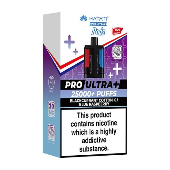Hayati Pro Ultra 25000 Pod featuring the Blackcurrant Cotton Candy Blue Raspberry flavor blend, presented on a clean white monochrome background with a clear cut-out presentation.