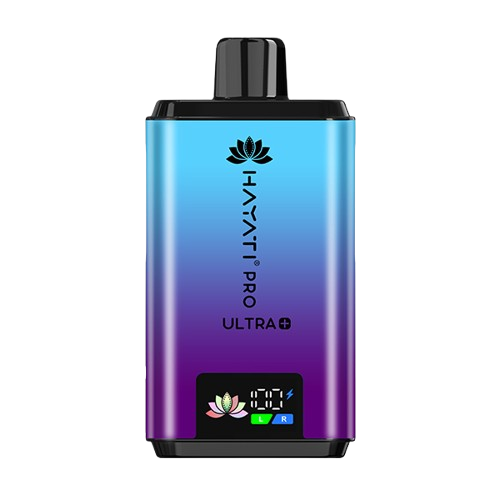 Hayati Pro Ultra 25K kit featuring the Blackcurrant Cotton Candy Blue Raspberry flavor blend, presented on a clean white monochrome background with a clear cut-out presentation.