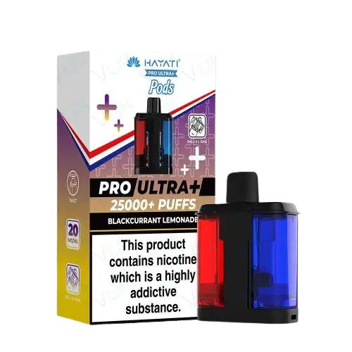 Hayati Pro Ultra 25000 Pod featuring the Blackcurrant Lemonade flavor blend, presented on a clean white monochrome background with a clear cut-out presentation.