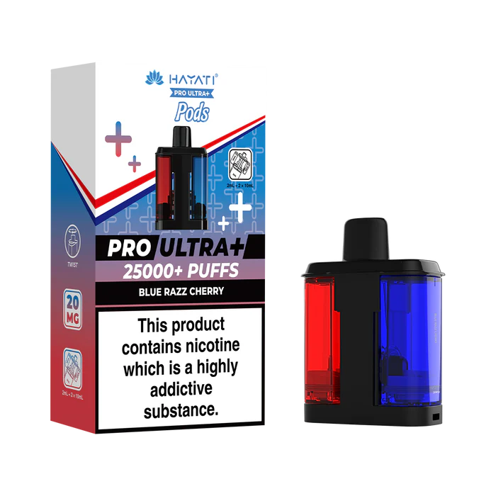 Hayati Pro Ultra 25000 Pod featuring the Blue Razz Cherry flavor blend, presented on a clean white monochrome background with a clear cut-out presentation.