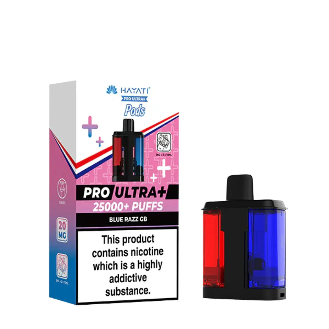 Hayati Pro Ultra 25000 Pod featuring the Blue Razz GB flavor blend, presented on a clean white monochrome background with a clear cut-out presentation.