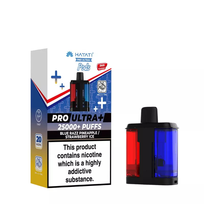 Hayati Pro Ultra 25000 Pod featuring the Blue Razz Pineapple Strawberry Ice flavor blend, presented on a clean white monochrome background with a clear cut-out presentation.