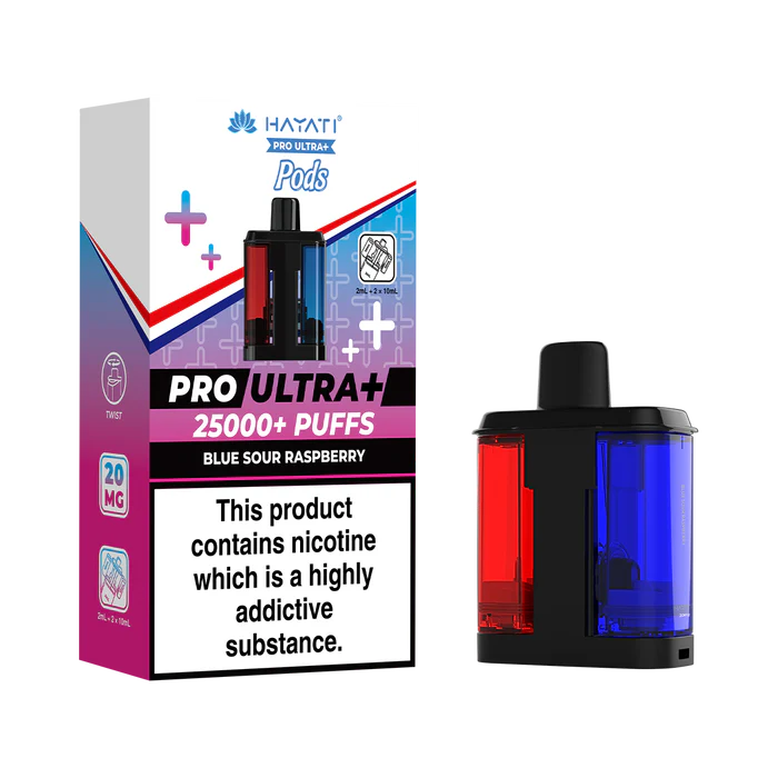 Hayati Pro Ultra 25000 Pod featuring the Blue Sour Raspberry flavor blend, presented on a clean white monochrome background with a clear cut-out presentation.