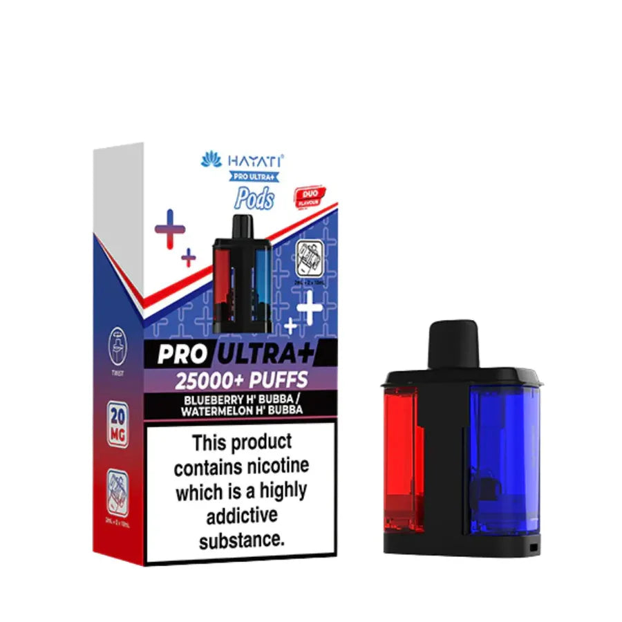 Hayati Pro Ultra 25000 Pod featuring the Blueberry H Bubba Watermelon H Bubba flavor blend, presented on a clean white monochrome background with a clear cut-out presentation.