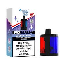 Hayati Pro Ultra 25000 Pod featuring the Blueberry Raspberry Mr Blue flavor blend, presented on a clean white monochrome background with a clear cut-out presentation.