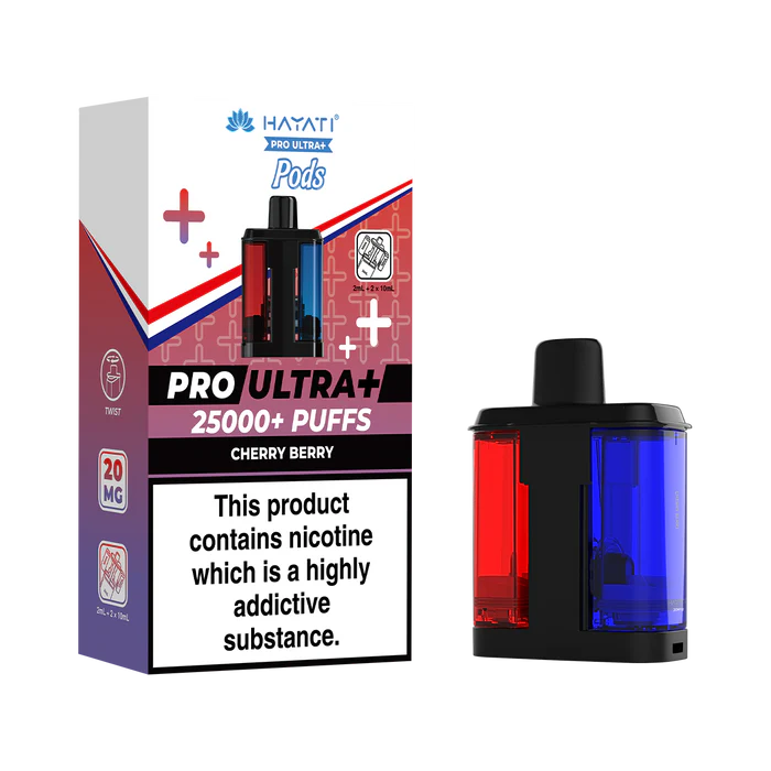 Hayati Pro Ultra 25000 Pod featuring the Cherry Berry flavor blend, presented on a clean white monochrome background with a clear cut-out presentation.