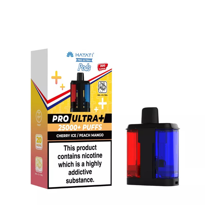 Hayati Pro Ultra 25000 Pod featuring the Cherry Ice Peach Mango flavor blend, presented on a clean white monochrome background with a clear cut-out presentation.