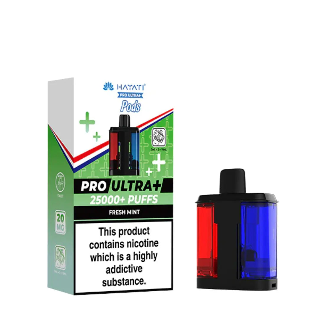 Hayati Pro Ultra 25000 Pod featuring the Fresh Mint flavor blend, presented on a clean white monochrome background with a clear cut-out presentation.