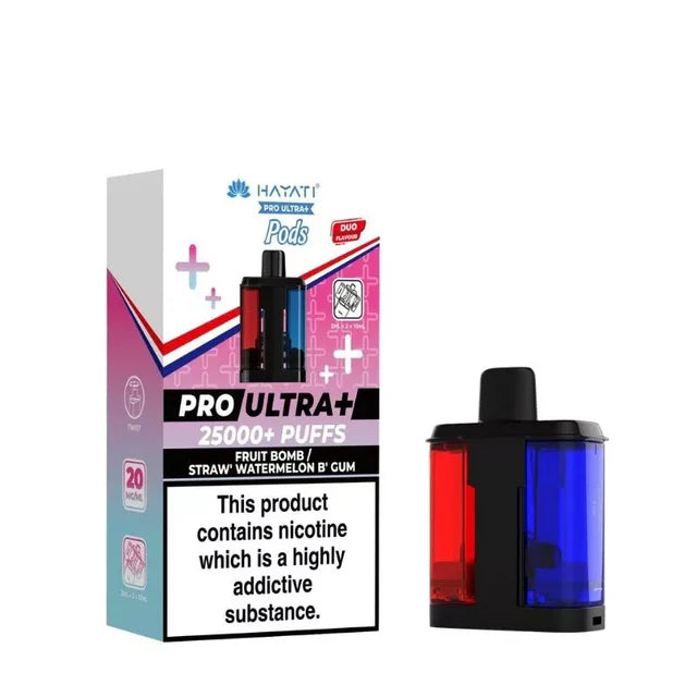 Hayati Pro Ultra 25000 Pod featuring the Fruit Bomb Strawberry Watermelon Bubblegum flavor blend, presented on a clean white monochrome background with a clear cut-out presentation.