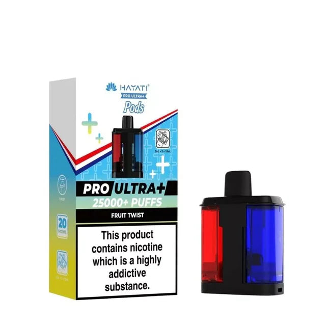 Hayati Pro Ultra 25000 Pod featuring the Fruit Twist flavor blend, presented on a clean white monochrome background with a clear cut-out presentation.