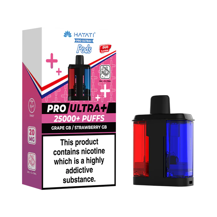 Hayati Pro Ultra 25000 Pod featuring the Grape GB Strawberry GB flavor blend, presented on a clean white monochrome background with a clear cut-out presentation.