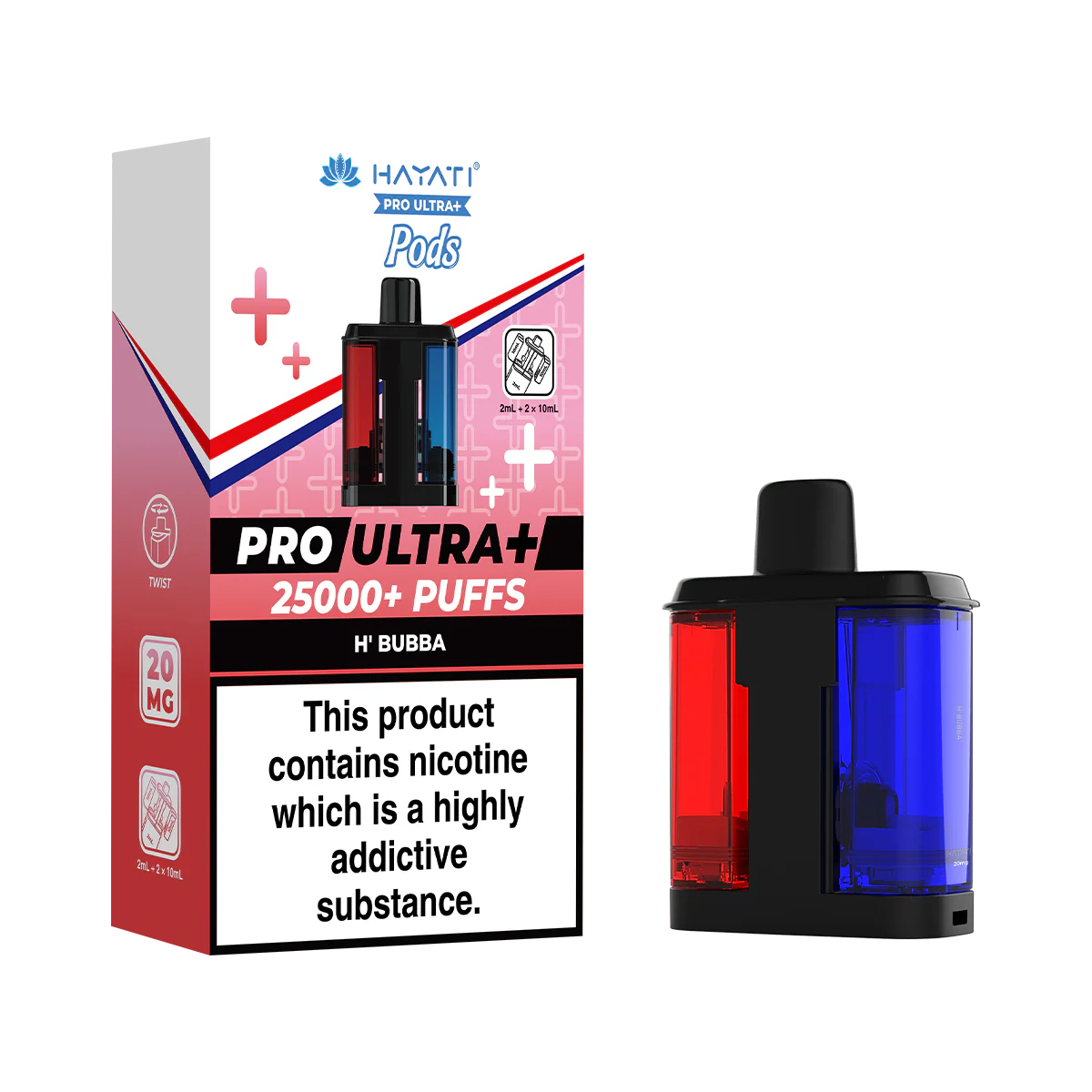 Hayati Pro Ultra 25000 Pod featuring the H Bubba flavor blend, presented on a clean white monochrome background with a clear cut-out presentation.