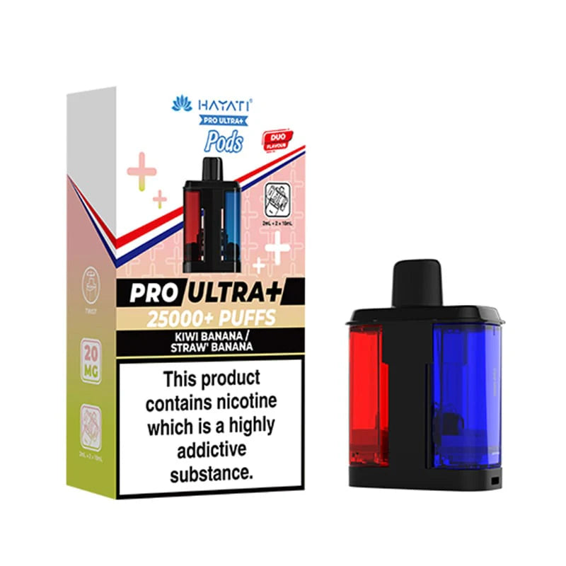 Hayati Pro Ultra 25000 Pod featuring the Kiwi Banana Straw Banana flavor blend, presented on a clean white monochrome background with a clear cut-out presentation.