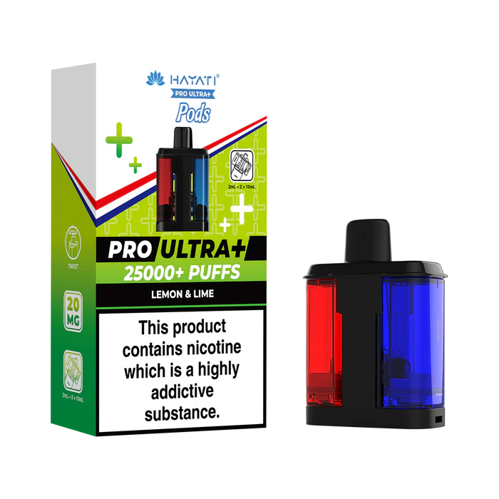 Hayati Pro Ultra 25000 Pod featuring the Lemon Lime flavor blend, presented on a clean white monochrome background with a clear cut-out presentation.