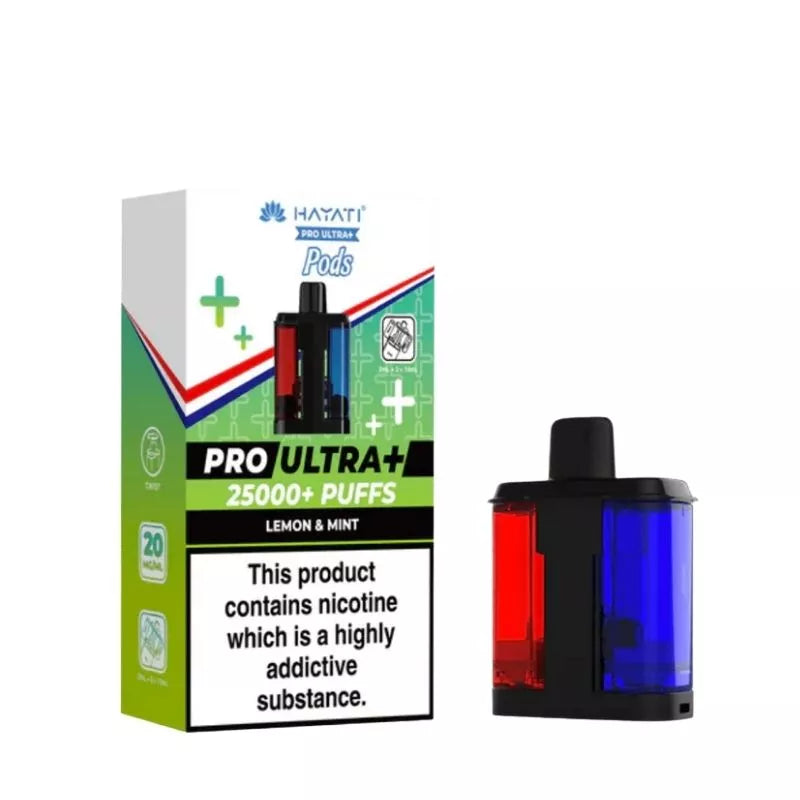 Hayati Pro Ultra 25000 Pod featuring the Lemon Mint flavor blend, presented on a clean white monochrome background with a clear cut-out presentation.