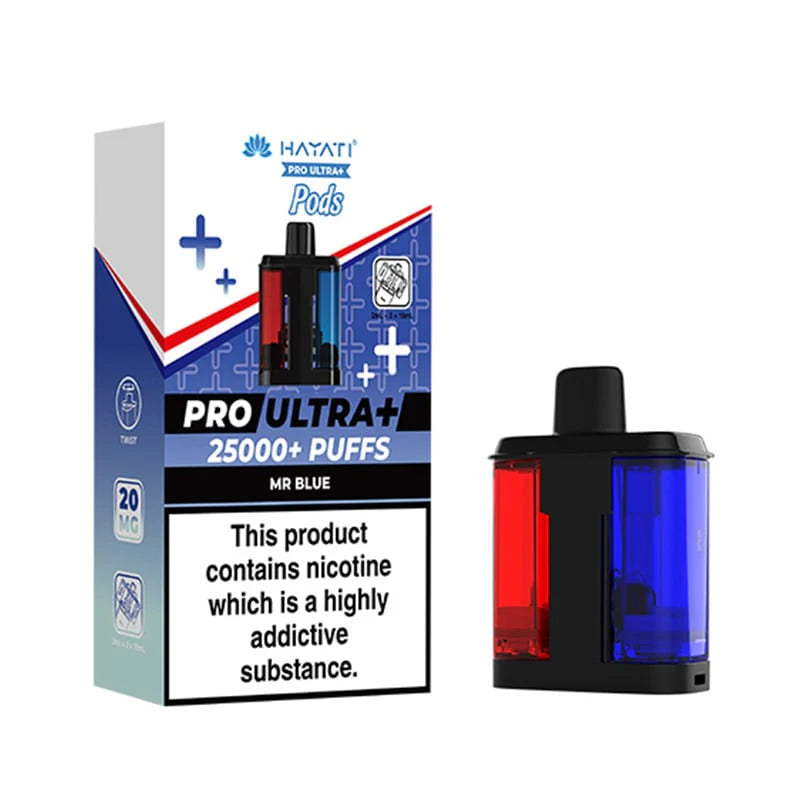 Hayati Pro Ultra 25000 Pod featuring the Mr Blue flavor blend, presented on a clean white monochrome background with a clear cut-out presentation.
