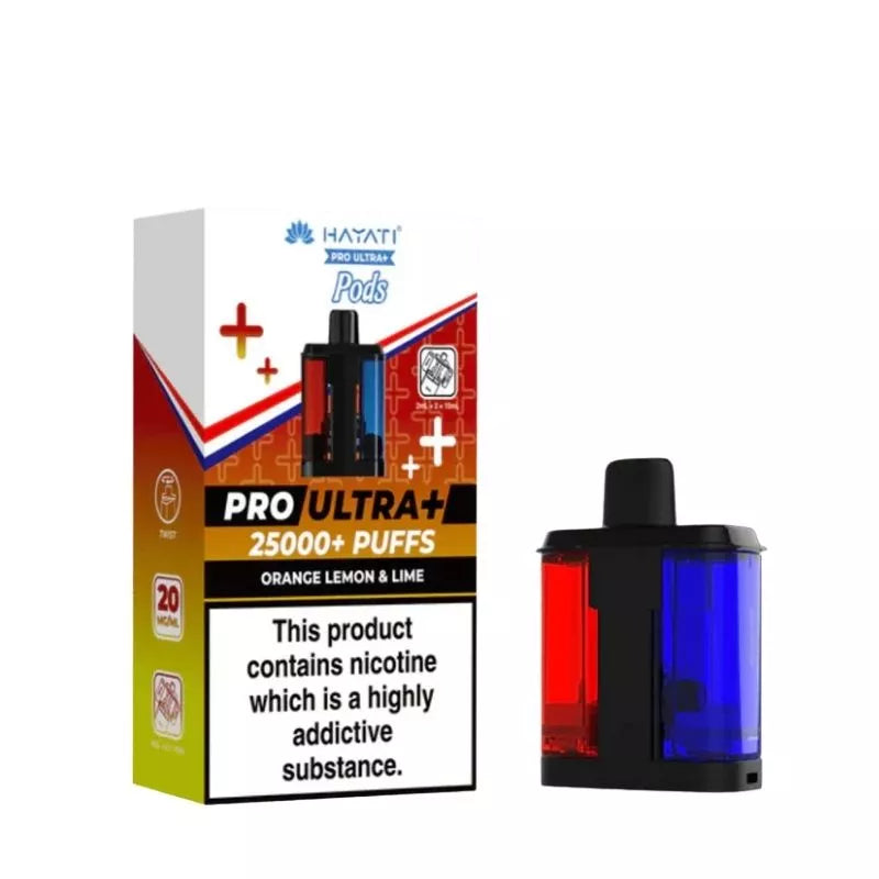 Hayati Pro Ultra 25000 Pod featuring the Orange Lemon Lime flavor blend, presented on a clean white monochrome background with a clear cut-out presentation.