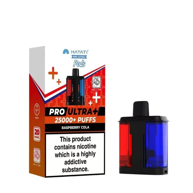 Hayati Pro Ultra 25000 Pod featuring the Raspberry Cola flavor blend, presented on a clean white monochrome background with a clear cut-out presentation.