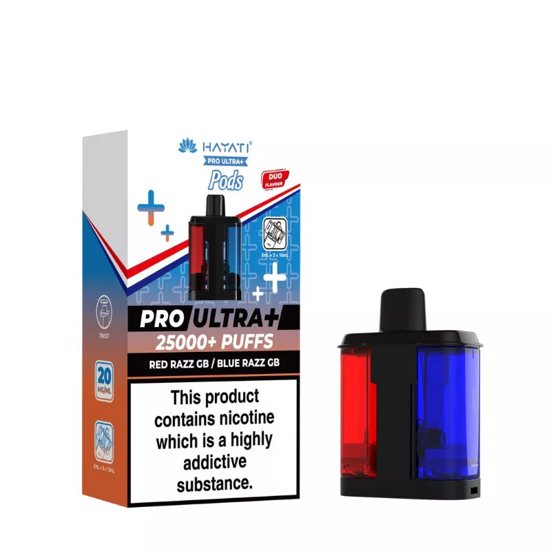 Hayati Pro Ultra 25000 Pod featuring the Red Razz GB Blue Razz GB flavor blend, presented on a clean white monochrome background with a clear cut-out presentation.