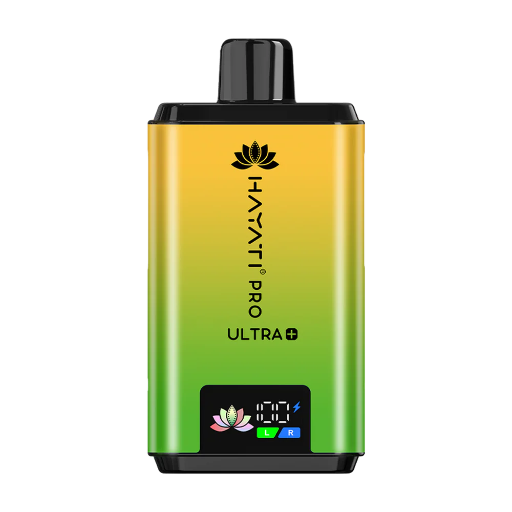 Hayati Pro Ultra 25000 Kit featuring the Sour Apple Juicy Peach flavor blend, presented on a clean white monochrome background with a clear cut-out presentation.