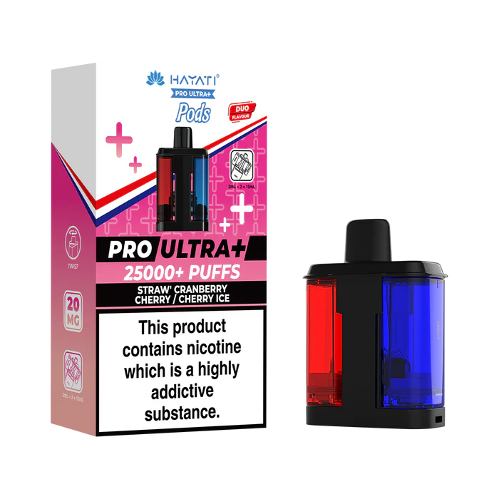 Hayati Pro Ultra 25000 Pod featuring the Straw Cranberry Cherry Cherry Ice flavor blend, presented on a clean white monochrome background with a clear cut-out presentation.