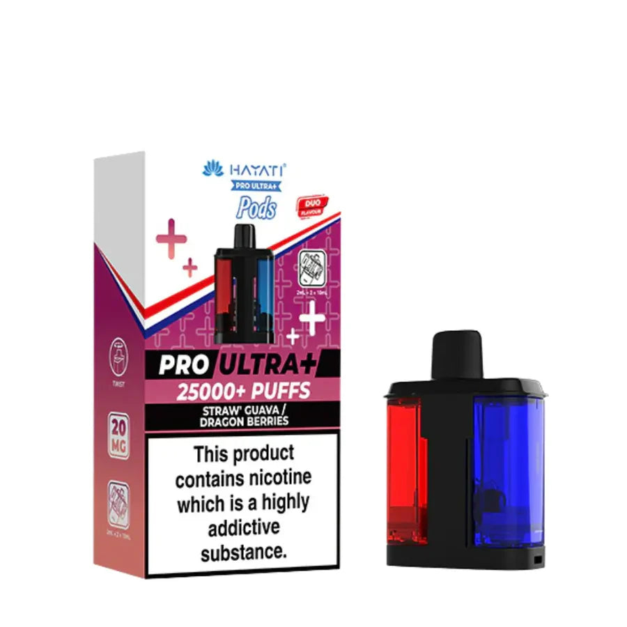 Hayati Pro Ultra 25000 Pod featuring the Straw Guava Dragon Berries flavor blend, presented on a clean white monochrome background with a clear cut-out presentation.