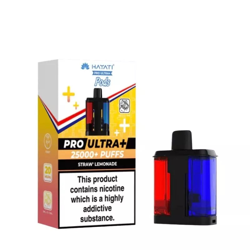 Hayati Pro Ultra 25000 Pod featuring the Straw Lemonade flavor blend, presented on a clean white monochrome background with a clear cut-out presentation.