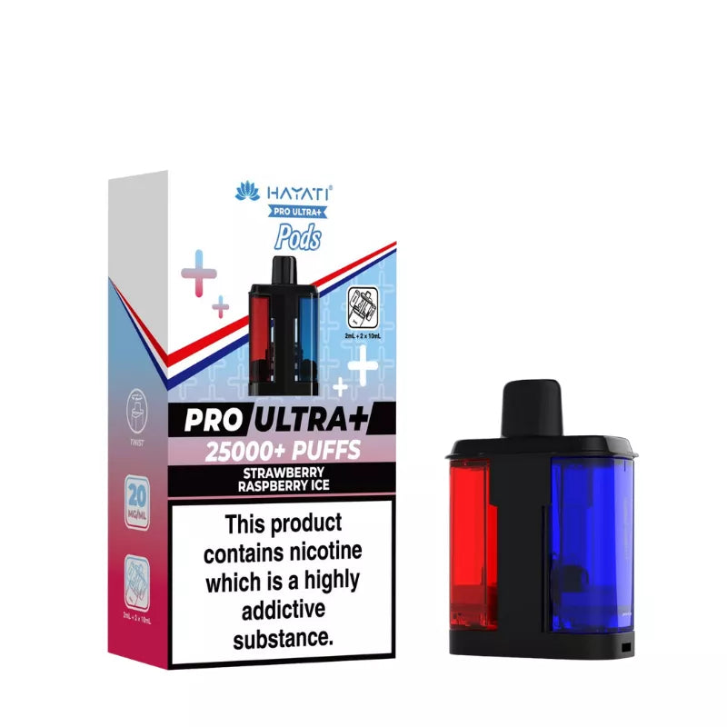 Hayati Pro Ultra 25000 Pod featuring the Strawberry Raspberry Ice flavor blend, presented on a clean white monochrome background with a clear cut-out presentation.