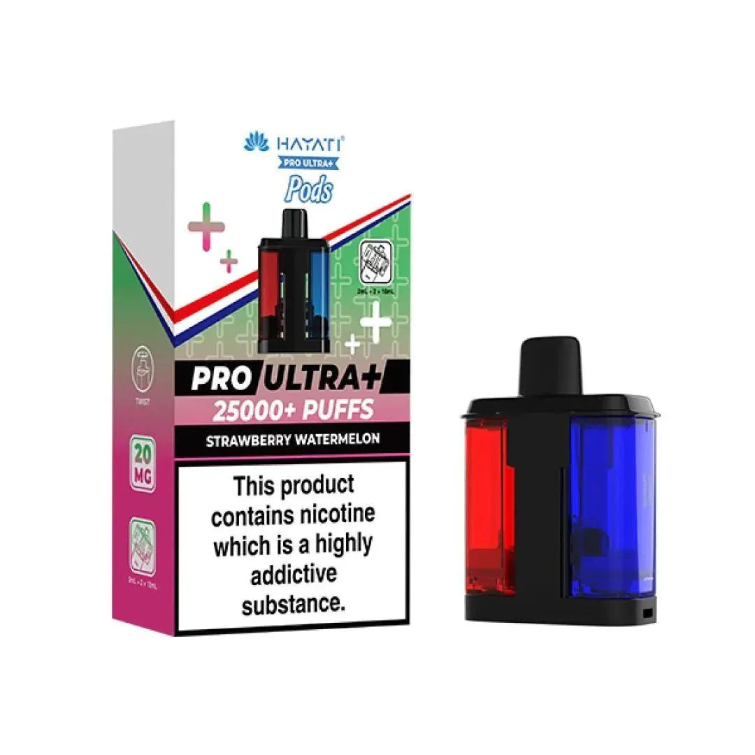 Hayati Pro Ultra 25000 Pod featuring the Strawberry Watermelon flavor blend, presented on a clean white monochrome background with a clear cut-out presentation.