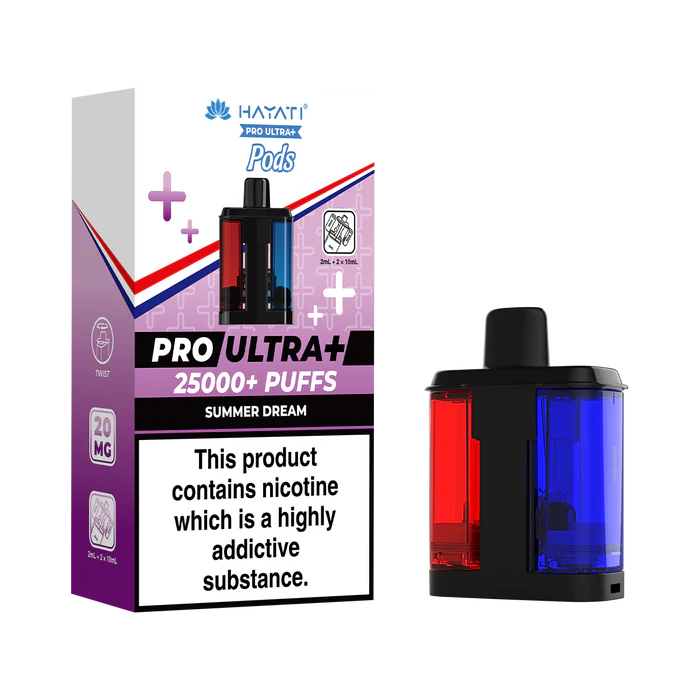 Hayati Pro Ultra 25000 Pod featuring the Summer Dream flavor blend, presented on a clean white monochrome background with a clear cut-out presentation.