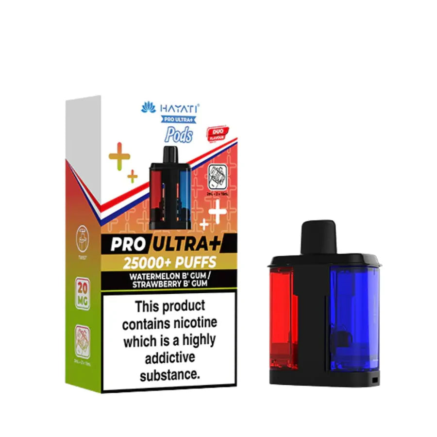 Hayati Pro Ultra 25000 Pod featuring the Watermelon B Gum Strawberry B Gum flavor blend, presented on a clean white monochrome background with a clear cut-out presentation.