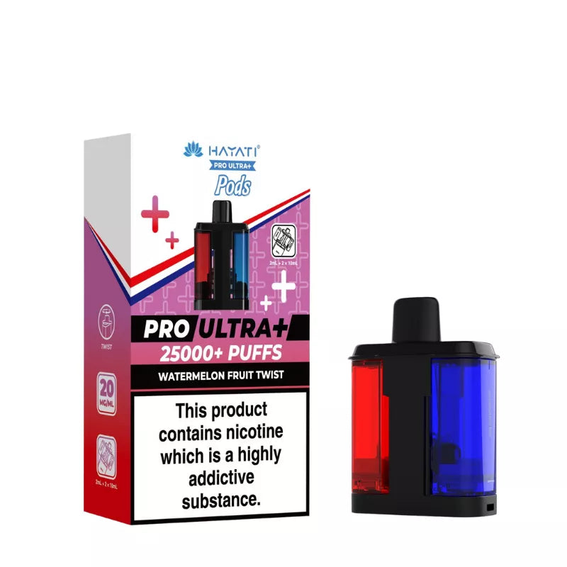 Hayati Pro Ultra 25000 Pod featuring the Watermelon Fruit Twist flavor blend, presented on a clean white monochrome background with a clear cut-out presentation.