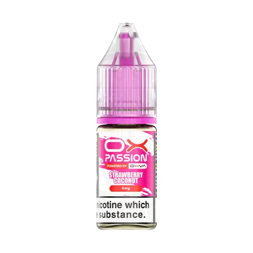 A bottle of OX Passion e-liquid in the Strawberry Coconut flavor, featuring a pink and white label with a clear cap, shown on a solid white background.