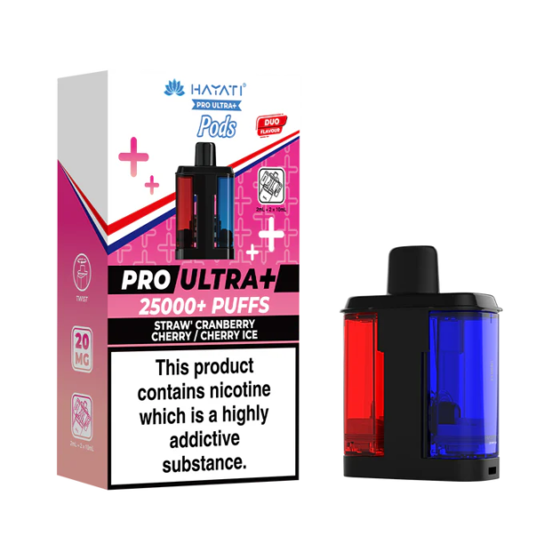 Hayati Pro Ultra 25000 Pod featuring the Straw Cranberry Cherry Cherry Ice flavor blend, presented on a clean white monochrome background with a clear cut-out presentation.